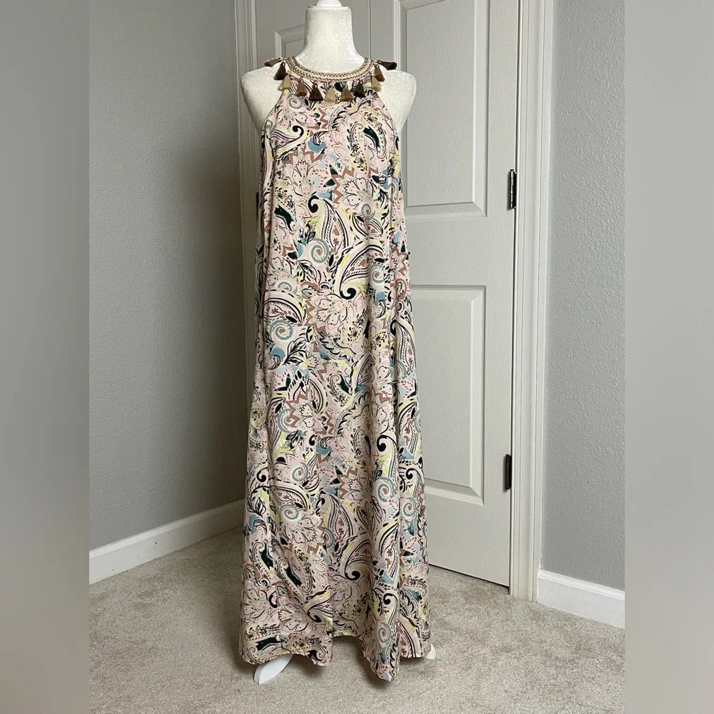Laundry by Shelli Segal Paisley Print Tasseled Halter Maxi Dress Size 8